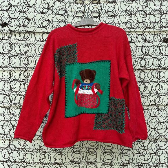 Vintage 90s Work in Progress Red Teddy Bear Christmas Sweater SMALL - Picture 1 of 8